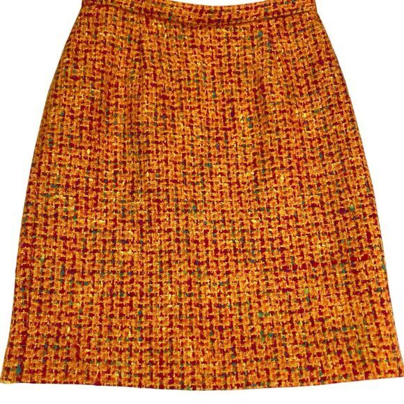 Anne Klein Tweed Mini Pencil Skirt Sz 8 Orange Red Plaid Vintage 80s 90s Elegant - Picture 3 of 12